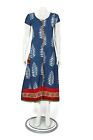 ANORA Blue Batik Leaf Print Mirrored Embroidered Trim India Dress sz L /918