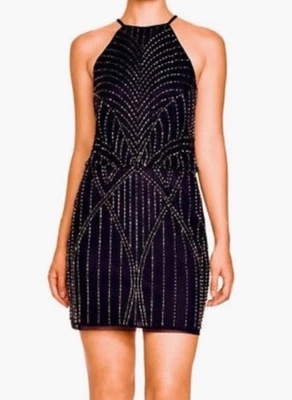 Aqua Size 2 Dark blue Navy Pewter gray Beaded Blouson Style Dress halter dress - Imagem 1 de 4