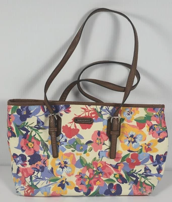 Bolso de Mano Dana Buchman Floral Cartera Marfil con Asas Marrones y Borde 14" de Ancho Foto 1 de 4