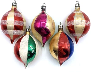 Poland Indent Mercury Glass Red Stripe Mica Tear Drop Vtg Christmas Ornament Lot - Picture 1 of 8