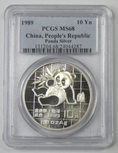 1989 China 10 Yuan Panda Certified PCGS MS 68 1 Ounce .999 Fine Silver - Picture 1 of 4