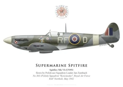 Print Spitfire Mk Vb, S/L Jan Zumbach, No 303 Squadron RAF, 1942 (by G. Marie)