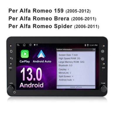 Per Alfa Romeo 159 Spider Brera Autoradio GPS Navi Android 13 WIFI 2+32G Carplay - Immagine 1 di 4