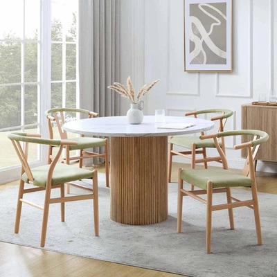Dusk Hattie Oak & Marble Panel Round 4-6 Seat Pedestal Dining Table RRP £329 - Image 1 of 4