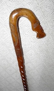 Antique Olive Wood Greek Walking Stick Cane Hand-Carved Horse Barley Twist Shaft - Picture 1 of 12