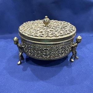 Vtg 24 Karat Gold Plated Circle  Glass Filigree Ormolu Brass Jewelry Casket Box - Picture 1 of 11