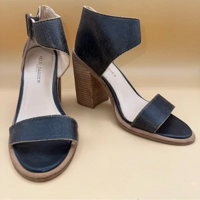 Kelsi Dagger Brooklyn Mayfair Black Distressed Leather Block Heel Sandals 7, EUC - Image 1 of 4