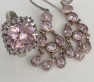 Set Of2:925 Sterling Silver Pink CZ Ring/925 Sterling Silver Chandelier Earrings - Picture 1 of 23