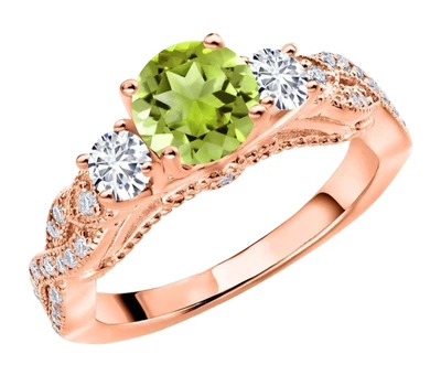 925 Silver Rose Gold Plated 1.48 Ct Peridot and White Topaz Women Wedding Ring - Image 1 of 4