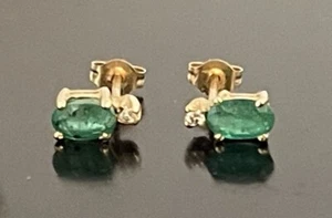 14K Solid Yellow Gold Natural Emerald & Diamond Post Earrings - Picture 1 of 3