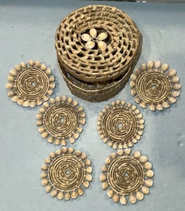 Set 6 Seashell Wicker COASTERS In WICKER BASKET Shell Beach House Patio Bar - Picture 1 of 9