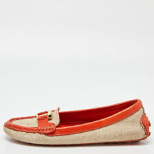 Tory Burch Beige/Orange Canvas and Leather Casey Loafers Size 37.5