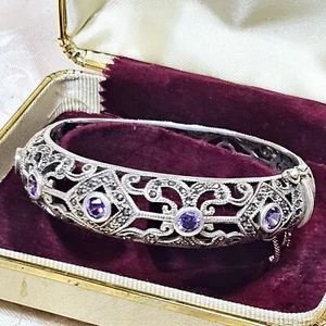 Armband Jonc Art Deco Stil 925 Silber gearbeitet Amethysten Markasiten Öffnen - Bild 1 von 24