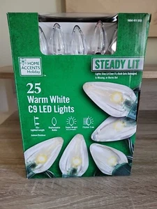 Home Accents 25 Warm White C9 Steady Lit LED String Light Green Wire Christmas - Picture 1 of 9