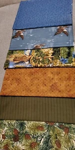 Retro Sewing Fabric 6 Fat Quarters Cotton Wildlife Pine Cones Eagles Blue Green - Picture 1 of 7