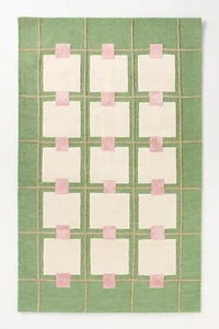 Greer Green Tufted Wool Area Rug | Geometric Grid with Raised Squares Designs - Picture 1 of 2