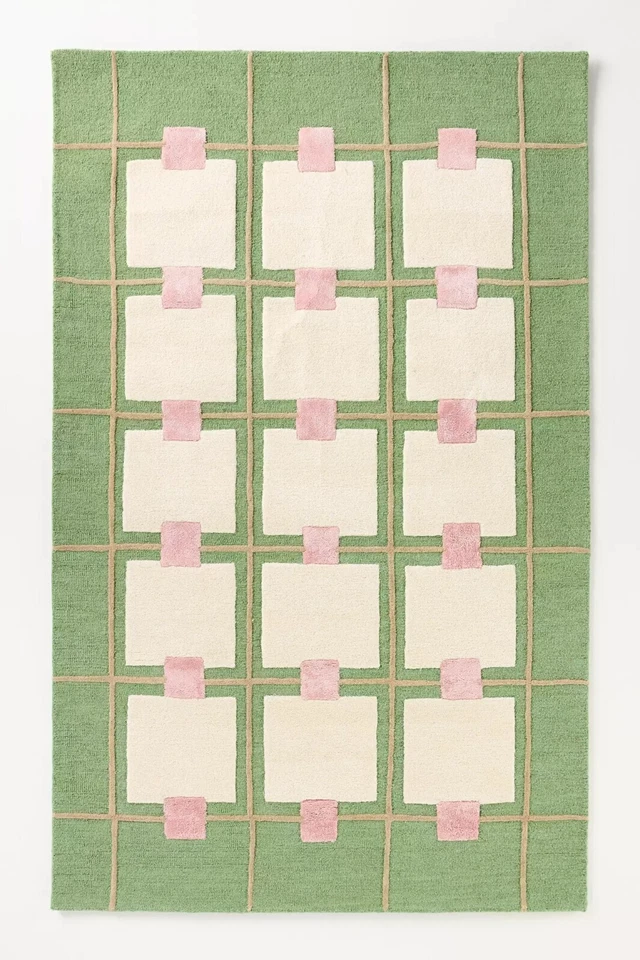 Greer Green Tufted Wool Area Rug | Geometric Grid with Raised Squares Designs - Image 1 of 2