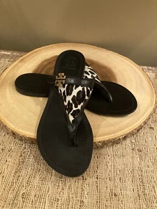 Tory Burch Calf Hair Leather Black Thong Logo Flat Leather Slide Sandals Sz-7.5 - Picture 1 of 9