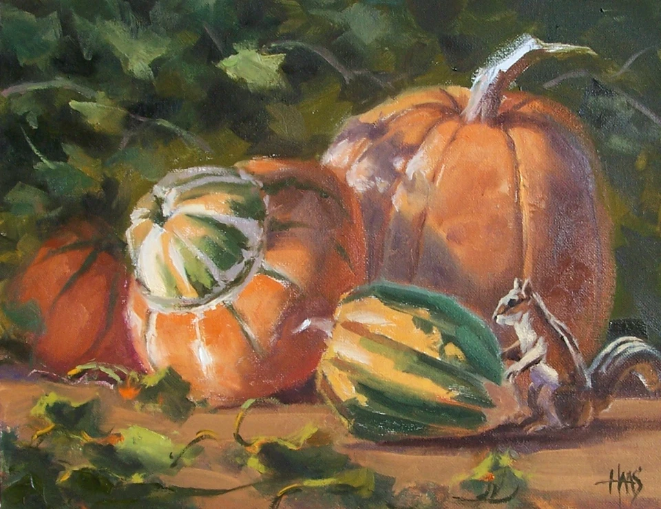 Pintura TOM HAAS 'Ripe Picking' óleo 11x14 Western granja calabaza jardín ardilla Foto 1 de 2