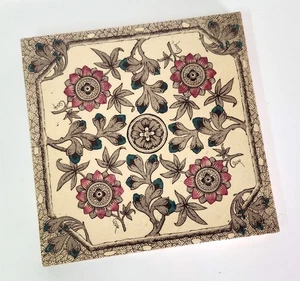Antique Ceramic Tile, Ornate Floral Design, 6"x6", Cream, Red, Victorian - Picture 1 of 2