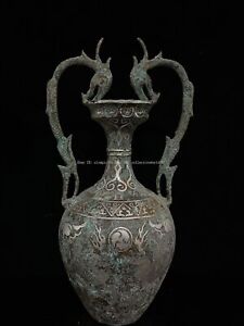 12'' old bronze mold casting sculpture ancient inlaying silver dragon pot jar