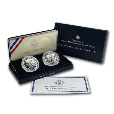 (1) 2001 American Buffalo Silver Dollar (x2) Proof & MS/UNC 2 Coin Set w/Bx&COA Cover