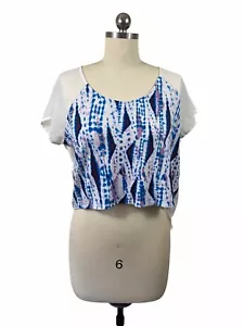 Kirra Blouse Top XS White Sheer Pink Abstract Tie Dye Open Back Short Sleeve - Picture 1 of 10