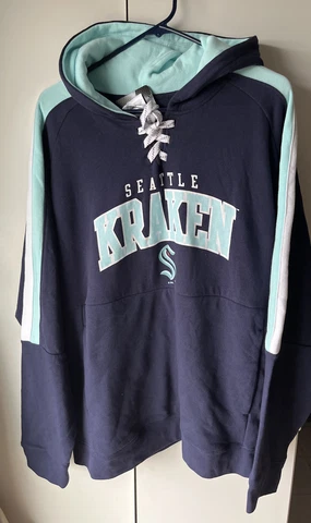 NHL Seattle Kraken Skate Lace Pullover Hoodie Navy Men’s LARGE NWT Cover