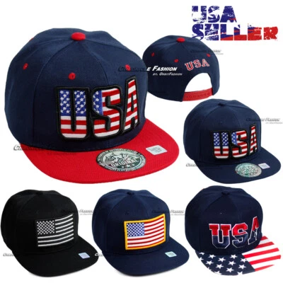 Baseball Cap USA American Flag Embroidered Snapback Adjustable Hat Flat Men Hats - Image 1 of 4