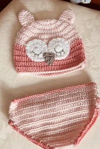 Owl Newborn Baby Photoshoot Hand Crochet Outfit Peach And White Adorable Owl - Picture 1 of 2
