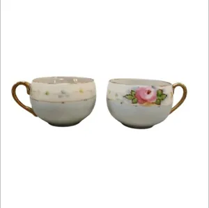 Vintage Lustre Rounded Gold Trim Handpainted Roses Floral Set of 2 Tea Cups Blue - Picture 1 of 8
