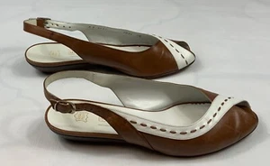 Bruno Magli Sandals Slingback Peep Toe Low Wedge Womens 7.5 White Brown Stitched - Picture 1 of 6