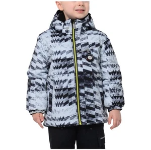 Obermeyer I-Grow Boys Winter Ski Jacket Size 6 Black White Geometric Hooded Coat - Picture 1 of 8