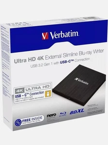 Verbatim Ultra HD 4k External Slimline Blu-ray Writer USB 3.2 Gen 1 With USB-C - Afbeelding 1 van 2