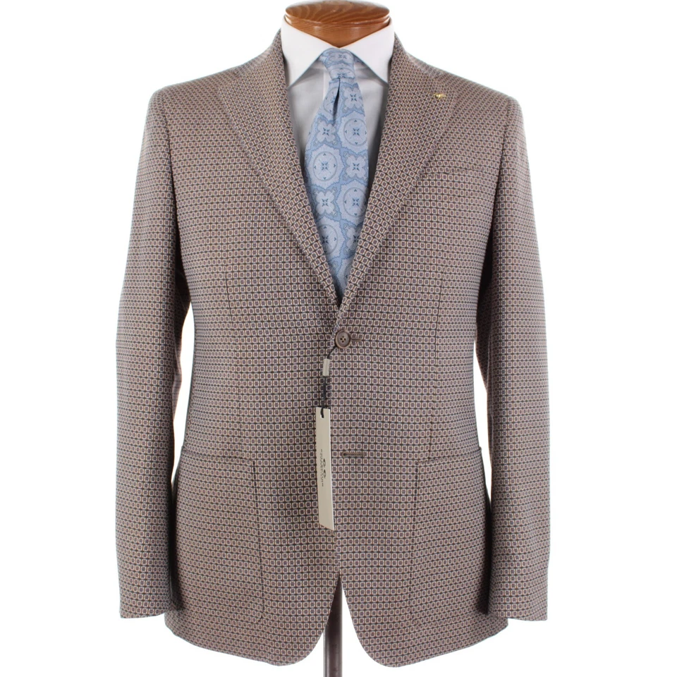 Abrigo Deportivo de Lana Colección Corneliani Nuevo con Etiquetas 50R (40R EE. UU.) en Beige y Azul Geométrico Foto 1 de 4