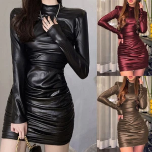 Women Bodycon PU Leather Mini Dress Ruched Turtleneck Dresses with Shoulder Pads - Picture 1 of 19