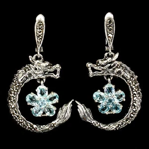 925 Sterling Silver Earrings Oval Zircon Marcasite Natural Gemstone Jewelry - Picture 1 of 10