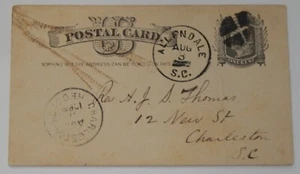 Allendale to Charleston South Carolina August 1 1883 postal card - Picture 1 of 2