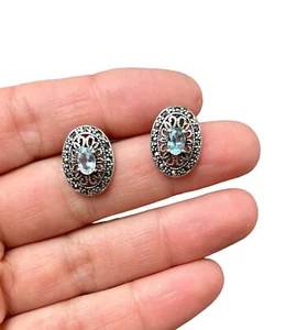 925 Sterling Silver & Aquamarine Ornate Oval Stud Earrings 0.65 Inch 2.65 Grams - Picture 1 of 10