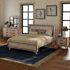 4 Pieces Bedroom Suite King Size Silver Brush in Acacia Wood Construction Bed, B