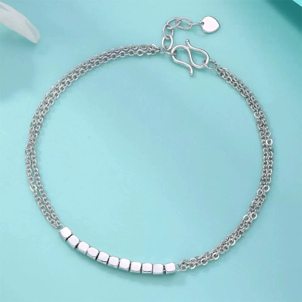 Pure Platinum 950 Chain Women Square Beads Double O Link Bracelet 4.14g/6.7inch - Image 1 of 4