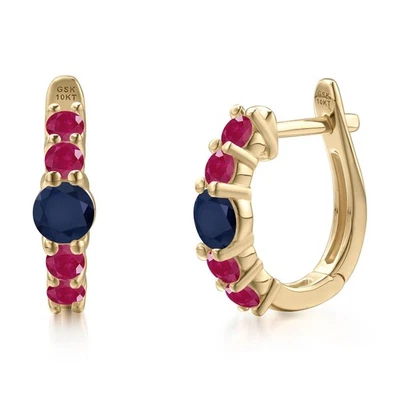 10K Yellow Gold Sapphire and Ruby Hoop Earrings for Women | 1.18 Cttw | - Image 1 of 4