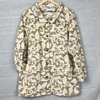 Susan Graver 米色和白色花卉羊毛夹克女式 1X 按钮前全新无标签 — 第 1/4 张图片