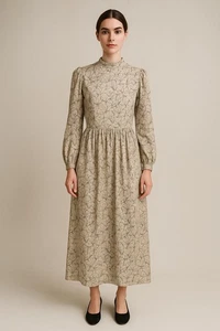 vintage 80s 100% SILK DRESS midi long sleeve floral belt secretary office 8 - Picture 1 of 9