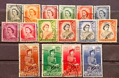 NEW ZEALAND 1953 QUEEN DEFINITIVE STAMPS SET OF 16V USED NZC53 - Image 1 of 2