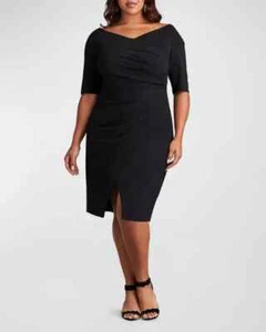 Vestido de cóctel Tadashi Shoji negro fruncido imitación envoltura crepé talla 2X $318 - Imagen 1 de 2