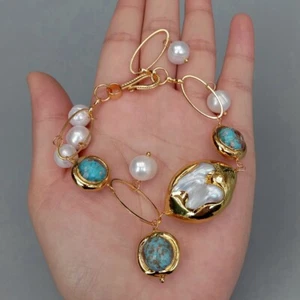 Blue Murano Glass Gold Plated Mother Of Pearl Shell Cultured Pearl Bracelet - Picture 1 of 6