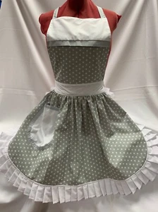 RETRO VINTAGE 50s STYLE FULL APRON / PINNY - GREY WITH WHITE STARS AND WH - Picture 1 of 9