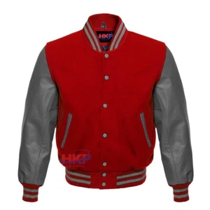 Baseball Varsity Letterman Bomber Red Wool & Genuine Gray Leather Sleeves - Picture 1 of 2