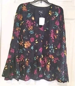 Beige By Eci Black Floral Embossed Blouse Top BOHO Peasant Large Bell Sleeve New - Picture 1 of 8
